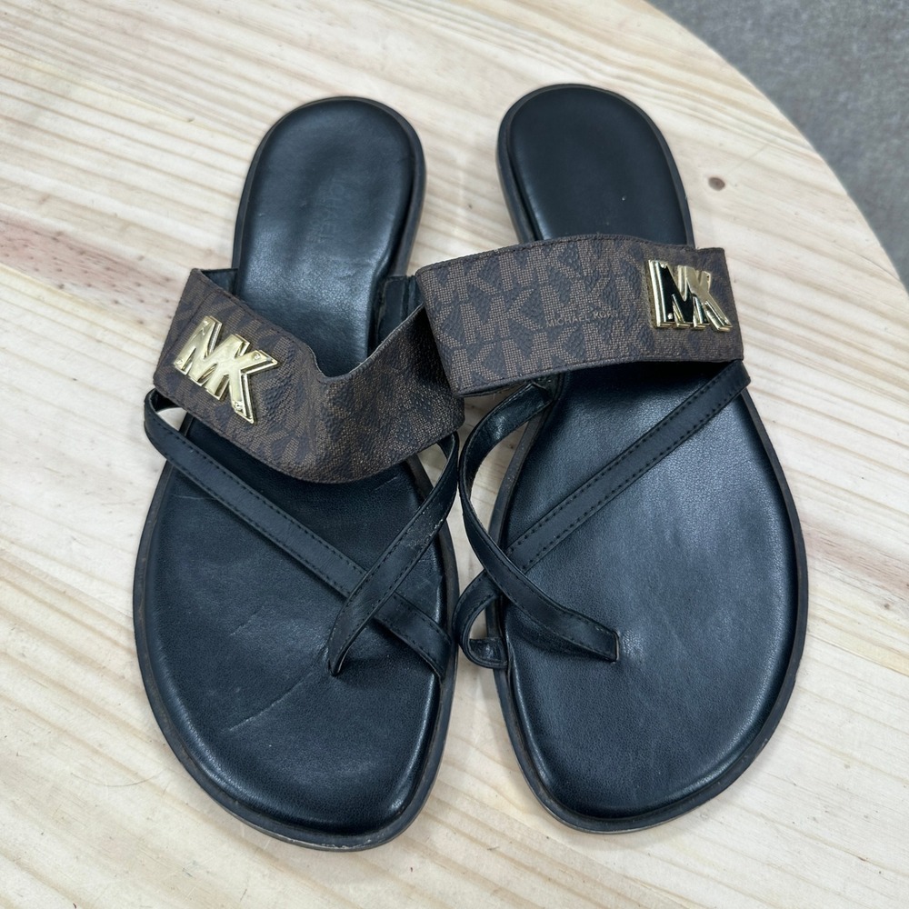 Michael Kors Sidney Flat Sandals Womens 8.5M Brown Black Logo Thong Slide - Picture 5 of 10